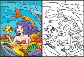 sjöjungfru och blåsfisk färg sida illustration vektor