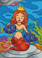 Prinzessin Meerjungfrau und Fisch farbig Karikatur vektor