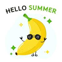 Banane Charakter. Hallo Sommer- Karte. Vektor Hand gezeichnet Karikatur kawaii Charakter Illustration Symbol. isoliert auf Weiß Hintergrund Banane Charakter Konzept