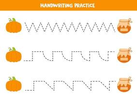 Rückverfolgung Linien zum Kinder. Karikatur Kürbis und Marmelade Krug. Handschrift ausüben. vektor