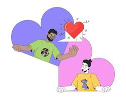 Freunde Fröhlich Dating App 2d linear Illustration Konzept. interracial Liebhaber homosexuell Karikatur Zeichen isoliert auf Weiß. lange Entfernung Beziehung Metapher abstrakt eben Vektor Gliederung Grafik