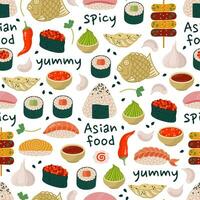 asiatisk mat sömlös vektor mönster. japanska, koreanska snacks med skaldjur - onigiri, sushi, klimpar, taiyaki efterrätt. kryddad Ingredienser - wasabi, peppar, soja sås, sriracha. platt tecknad serie bakgrund