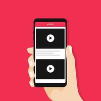 Hand hält Smartphone oder Handy mit Videokanal auf dem Bildschirm. Film-App-Konzept. vektor