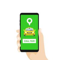 hand som håller smartphone och ringer taxi via telefon. boka taxi via mobilappen vektor