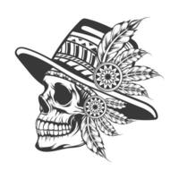 Schädel mit gefiedert Hut im Stammes- Kostüm Vektor Design