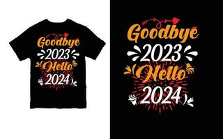 Auf Wiedersehen 2023 Hallo 2024. glücklich Neu Jahr T-Shirt Design. kostenlos Vektor. vektor