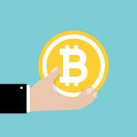 Bitcoin-Zeichen in der Hand. Geld und Finanzen. digitale Währung. vektor