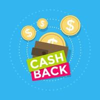 Cash-Back-Symbol auf blauem Hintergrund isoliert. Cashback- oder Geldrückerstattungsetikett. vektor