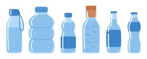 Wasser Satz. Trinken Wasser im anders Plastik und Glas Flaschen. wasser. Vektor Illustration im Gekritzel Stil