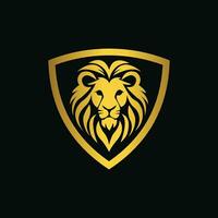 lejon huvud skydda logotyp design isolerat på en svart bakgrund vektor