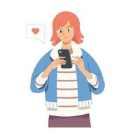 använder sig av smartphone illustration. ung flicka kontroll henne smartphone med kärlek emoji vektor
