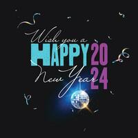 2024 glücklich Neu Jahr Hintergrund Design mit Disko Ball und Konfetti. Gruß Karte, Banner, Poster. Vektor Illustration.