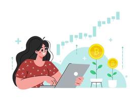 das mädchen sitzt am laptop.the frau investiert in bitcoin stock market.rising rate, einkommensgewinn, mehr money.vector flache illustration. vektor