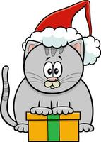 rolig tecknad serie katt med närvarande på jul tid vektor
