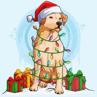 labradorhund i tomtehatt som sitter och omges av julgransljus och gåvor på sidorna vektor