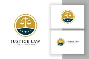 rättvisa lag märke logotyp formgivningsmall. emblem av advokat logotyp vektor design med vågar och stjärna illustration