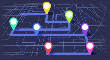 Digitale Karte mit farbigen sieben Punkten. Der Weg der Stadtnavigation mit Anfang und Ende. Vektor-Banner-Infografik vektor