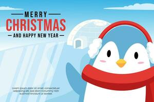 Weihnachten Schöne Grüße Banner mit Pinguin tragen Weihnachten Kleider auf Norden Pole Landschaft Hintergrund vektor