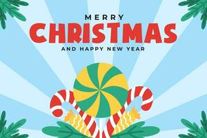 Weihnachten Schöne Grüße Banner mit Weihnachten Süßigkeiten und Blätter auf Blau Hintergrund vektor