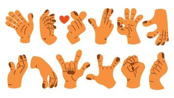 Sammlung von Geste Zeichen von Mensch Hände. ein einstellen von Finger zeigen Emotionen und Richtungen. Geste Finger im eben Design. Kommunikation Ausdrücke mit Hand Zeichen im modisch Stil. Vektor Symbol