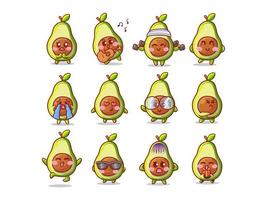 Süßes und kawaii Avocado-Aufkleber-Illustrationsset mit verschiedenen Aktivitäten und Ausdrücken für Maskottchen vektor