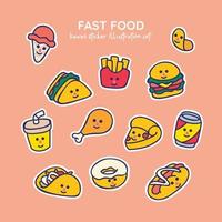Kawaii Fast-Food-Eis, Pommes Frites, Chips, Sandwich, Burger, Cola-Getränk, Hühnchen, Pizza, Taco, Donut, Hot Dog, Aufkleber-Illustrationsset vektor