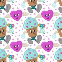 sömlös mönster med muffins och hjärtan med wings.cartoon muffins i retro stil av de 30-talet, 40-talet, 50-tal, 60-talsvektor illustration för hjärtans dag. en glad, kärleksfull muffin med en bukett av blommor vektor