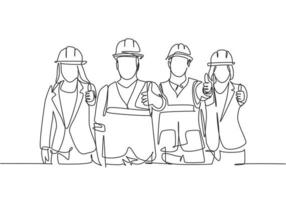 en radritning av unga lyckliga manliga och kvinnliga byggnadsbyggargrupper som bär hjälm som ger tummen upp gest. bra lagarbete koncept. trendig kontinuerlig linje rita design grafisk vektor illustration