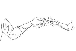 en radritning av två händer som håller pusselbitar och vill slå samman. pappa eller mor och son lagarbete för att bygga en superfamilj. kontinuerlig linje rita design, vektor illustration grafik