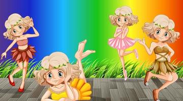 Feen-Cartoon-Figur auf Regenbogen-Gradienten-Hintergrund vektor