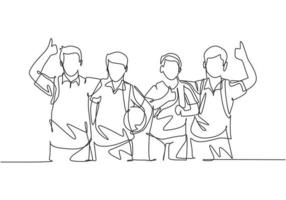 en radritningsgrupp unga glada pojkar och flickor från grundskoleelever som bär väskor och ger tummen upp gest. utbildning koncept kontinuerlig linje rita design grafisk vektor illustration