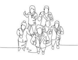 en radritning av gruppen affärsmän och affärskvinna som ger tummen upp gest från ovanifrån. affärsmöte och lagarbete koncept. kontinuerlig linje rita design vektor illustration