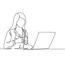 Eine Strichzeichnung der jungen glücklichen Arztfrau öffnet einen Laptop, um Krankenakte zu schreiben und gibt Daumen hoch Geste. Gesundheitsdienstleistungskonzept. durchgehende Linie zeichnen Design-Vektor-Illustration vektor