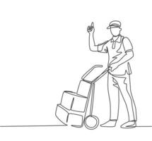 Eine Strichzeichnung des jungen Lieferers gibt Daumen hoch, während er Kartonpaket mit Trolley zum Kunden trägt. Lieferservice-Konzept. durchgehende Linie zeichnen Design-Vektor-Illustration vektor
