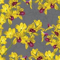 nahtloses Muster floral mit gelben Orchideenblüten abstrakten Hintergrund. Vektorillustrationszeichnung. Für gebrauchtes Tapetendesign, Textilgewebe oder Produktverpackung. vektor