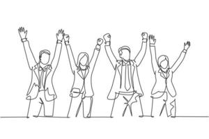 en enda radritning av gruppen manlig chef och kvinnlig chef håller händerna varandra för att fira deras framgång vinna anbudet. lagarbete mål koncept kontinuerlig linje rita design illustration vektor