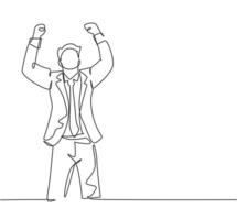 Eine einzige Strichzeichnung eines jungen, glücklichen CEOs, der steht und seine Hände in die Luft streckt, um die neue Finanzierung durch den Investor zu feiern. Business-Finanzierungskonzept kontinuierliche Linie zeichnen Design-Vektor-Illustration vektor