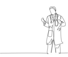 en enda linje ritning av unga lyckliga manliga läkare knytnäve händerna i luften för att fira hans framgång hitta ett nytt läkemedel. medicinsk sjukvård koncept kontinuerlig linje rita design vektor illustration