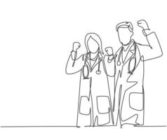 Eine durchgehende Strichzeichnung eines jungen glücklichen männlichen Arztes, der eine Ärztin umarmt, um ihre aufeinanderfolgende Arbeit zu feiern. medizinisches Gesundheitswesen Service-Konzept Single Line Draw Design Grafik-Vektor-Illustration vektor