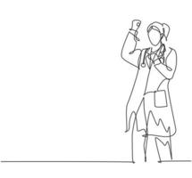 en enda linjeteckning av ung glad kvinnlig läkare knytnäve händerna i luften för att fira hans framgång behandla patienten. medicinsk sjukvård koncept kontinuerlig linje rita design vektor illustration