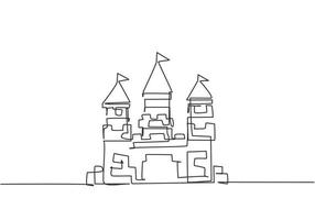 einzelne durchgehende Linie, die ein Schloss in einem Vergnügungspark mit drei Türmen und einer Flagge auf jedem Dach zeichnet. Festungsbau, der vom Leben in einem Königreich erzählt. eine linie zeichnen grafikdesign-vektorillustration vektor