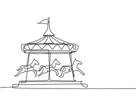 enda kontinuerlig linjeteckning av en hästkarusell i en nöjespark med hästar som snurrar under tältet med en flagga. lycklig barndom. dynamisk en linje rita grafisk design vektor illustration.
