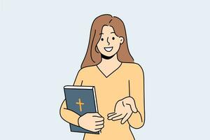 troende kvinna med bibel lånar ut portion hand eller inviterar dem till kristen välgörenhet organisation vektor
