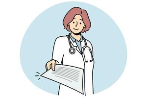 Lächelnde Ärztin in medizinischer Uniform gibt Papierkram aus dem Krankenhaus. glückliche frauenkrankenschwester oder gp strecken hand mit dokument oder brief. Vektor-Illustration. vektor