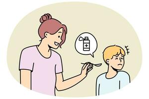 mutter, die unglückliches krankes kind medikamente gibt. hartnäckiger kranker junge weigert sich, medikamente einzunehmen. Kindergesundheit und Medizin. Vektor-Illustration. vektor