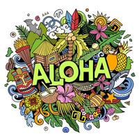 aloha hand dragen tecknad serie klotter illustration. rolig hawaiian design vektor