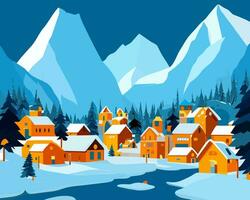 ai generiert Winter Jahreszeit mit Schnee beim Blau und Orange Haus vektor