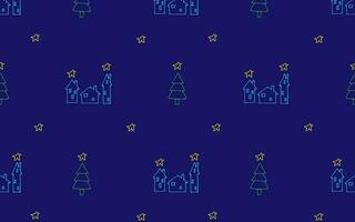 vektor sömlös vinter- mönster med hus, jul träd och stjärnor ritad för hand i tecknad serie stil på en blå bakgrund. illustration för textilier, design och dekoration.