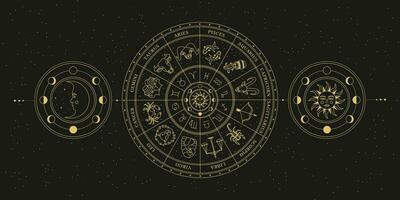 astro hjul med zodiaken tecken, symboler och konstellationer. himmelsk mystisk hjul. mysterium och esoterisk. horoskop vektor illustration.