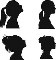 uppsättning av kvinna huvud silhuetter. med annorlunda frisyr. isolerat på vit bakgrund. vektor illustration.